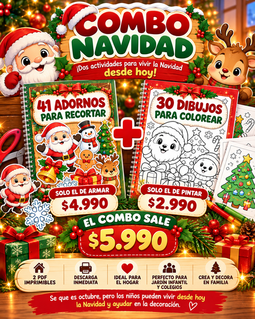 Combo Navideño Infantil | 41 Adornos para Armar + 30 Dibujos para Colorear | PDF Imprimible