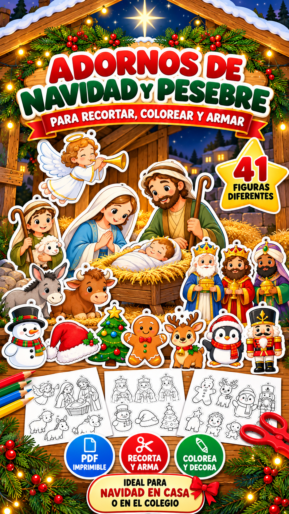 🎄 Navidad para Colorear | Adornos del Pesebre para Niños | PDF Imprimible