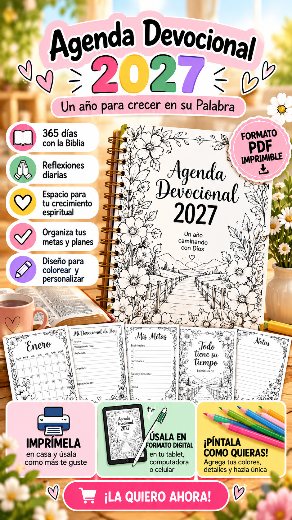 Agenda Devocional Cristiana 2027 | Organiza, Ora y Crece en Fe | PDF Digital Imprimible