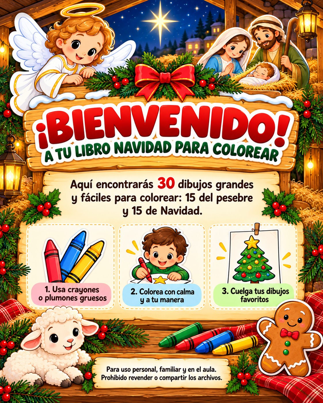 Navidad para Colorear: 30 Dibujos Fáciles para Niños Pequeños | Pesebre y Navidad | PDF Imprimible