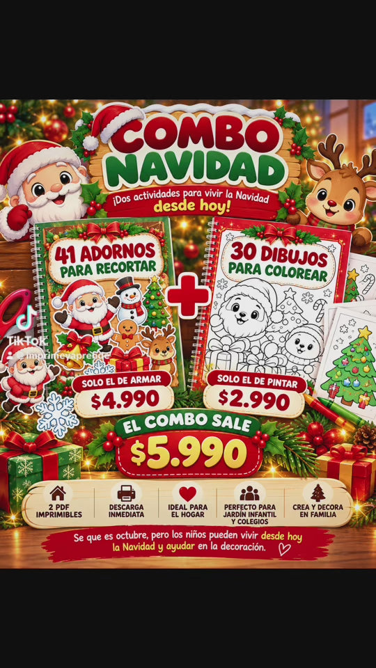 Combo Navideño Infantil | 41 Adornos para Armar + 30 Dibujos para Colorear | PDF Imprimible